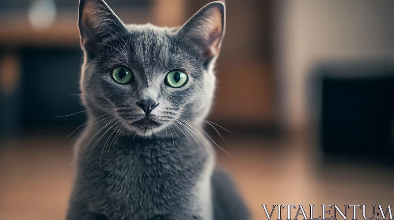 Gray Cat Staring with Green Eyes AI Image