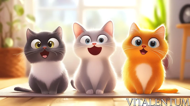 AI ART Joyful Animated Kitten Trio in Cozy Setting