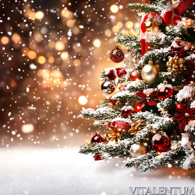 Snowy Christmas Tree with Ornaments and Lights AI Image