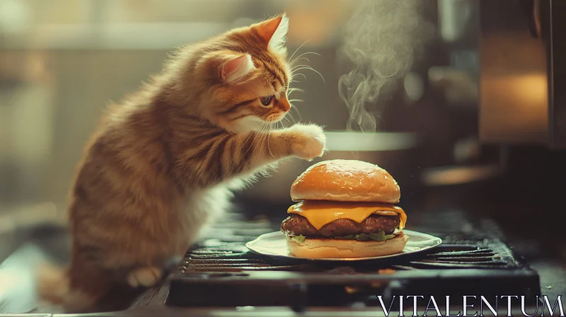 Kitten and Cheeseburger in a Warm Kitchen Environment AI Image