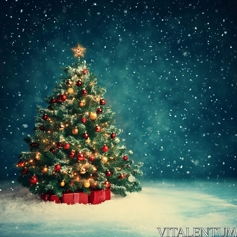 Festive Christmas Tree in Snowy Setting AI Image