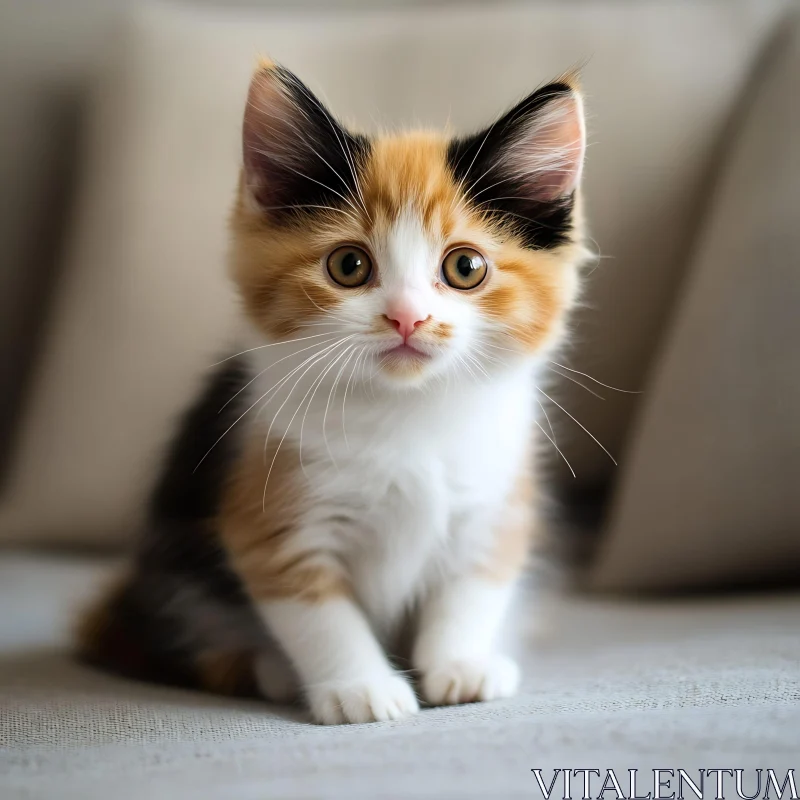 Cute Kitten with Expressive Eyes on a Couch AI Image