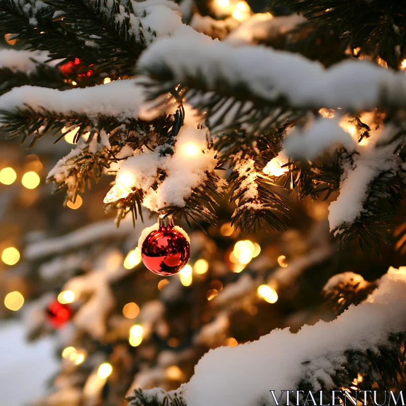 Red Bauble and Lights Adorning Snow-Laden Christmas Tree AI Image