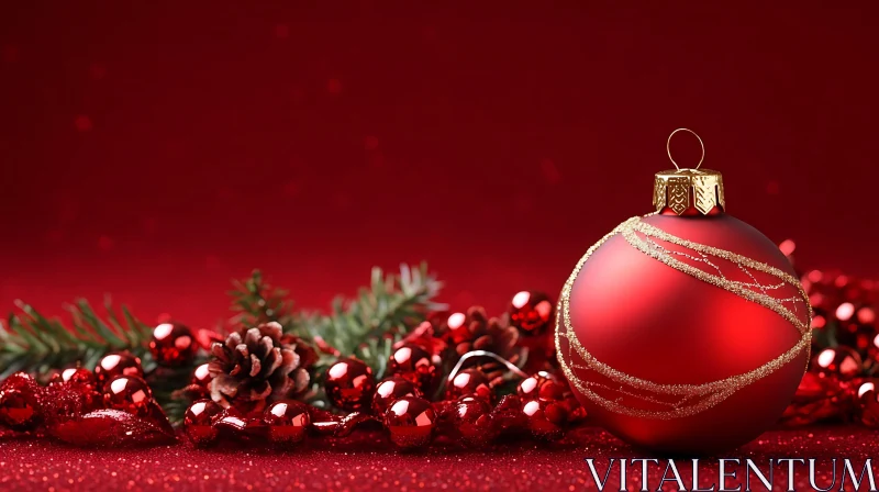 Holiday Red Ornament and Greenery AI Image