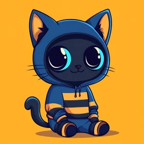 Cute Black Cat Illustration with Blue Hoodie