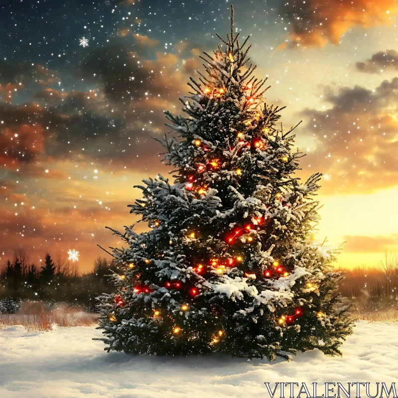 Magical Sunset over Decorated Christmas Tree in Snow AI Image