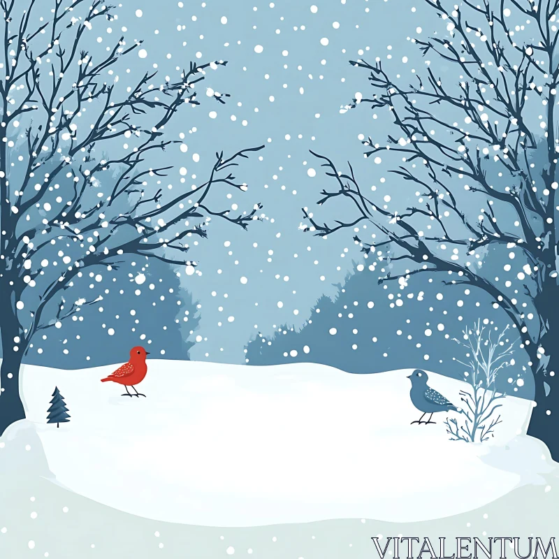 Winter Wonderland with Red and Blue Birds AI Image