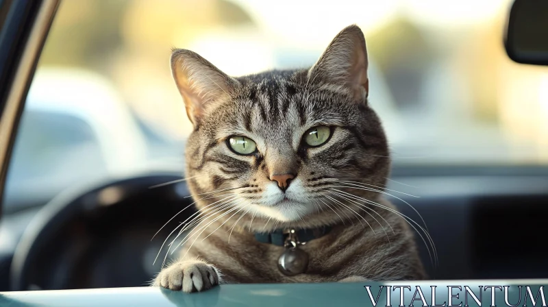 Close-Up of Tabby Cat with Green Eyes in Car AI Image