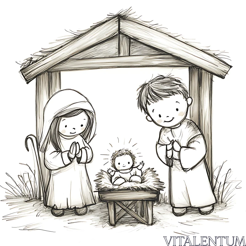 Traditional Nativity Drawing for Christmas AI Image