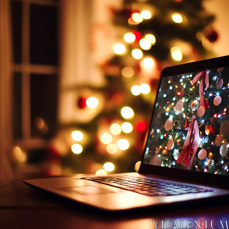 Holiday Laptop Scene with Glowing Lights AI Image