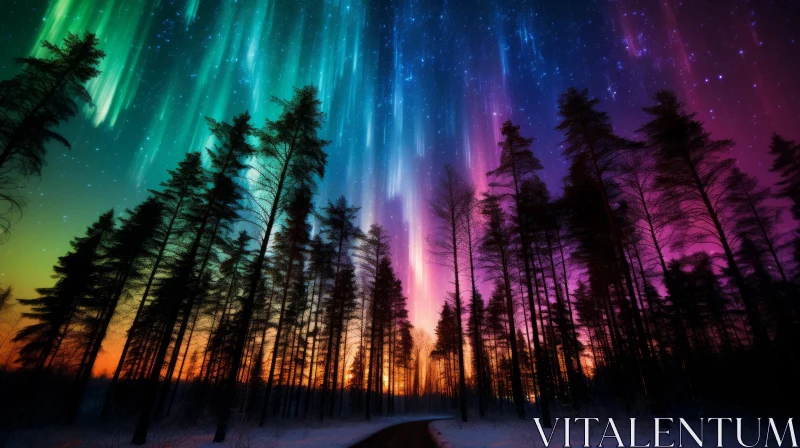 Aurora Borealis Over Forest - A Colored Night Sky Spectacle AI Image