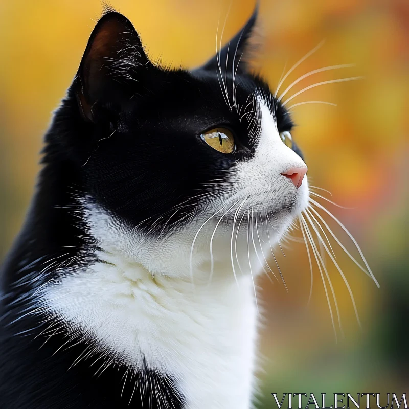 Black and White Cat Portrait in Autumn AI Image