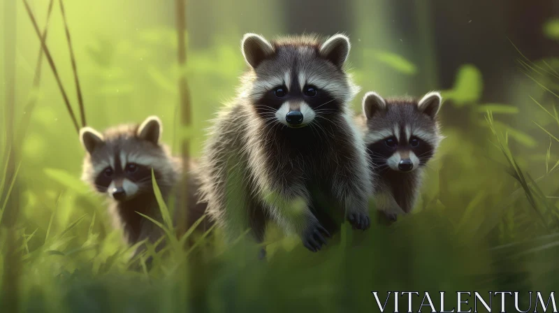 AI ART Curious Raccoons in Forest - Wildlife Encounter