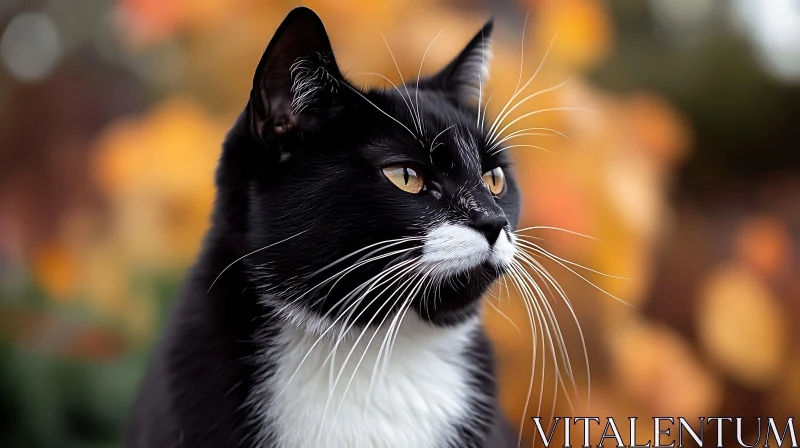 Black Cat with Golden Eyes Amidst Autumn Colors AI Image