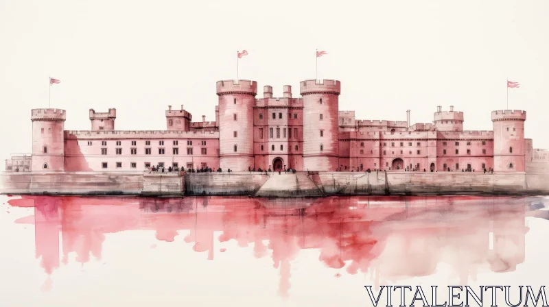 AI ART Pink Castle Watercolor Painting