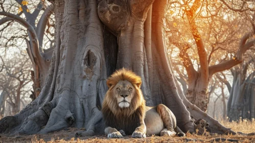 Powerful Lion Resting under Majestic Tree