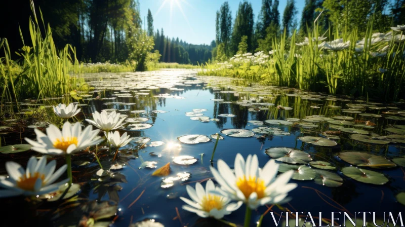 Sunlit Water Lilies in Serene Landscape Setting AI Image