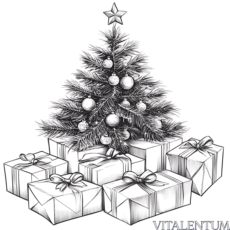 Detailed Holiday Tree and Presents Drawing AI Image