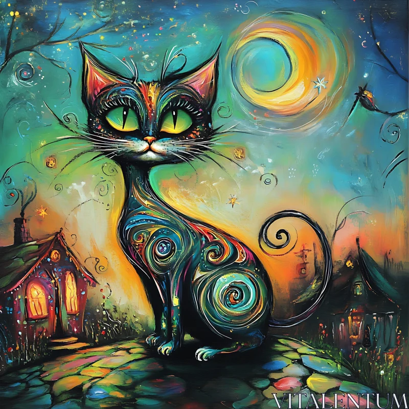 AI ART Enchanted Cat Under a Psychedelic Moon