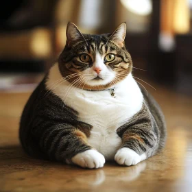 Composed Tabby Cat on Wooden Floor