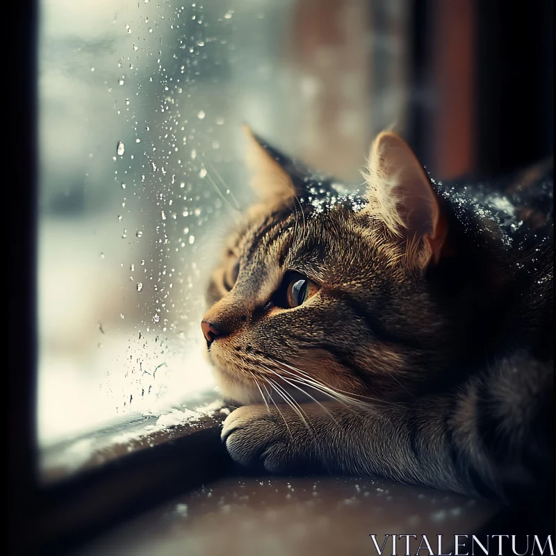 Serene Winter Moment: Cat Watching Snowfall Outside AI Image