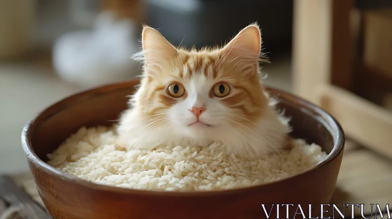 Curious Cat Sitting in a Bowl of Uncooked Rice AI Image