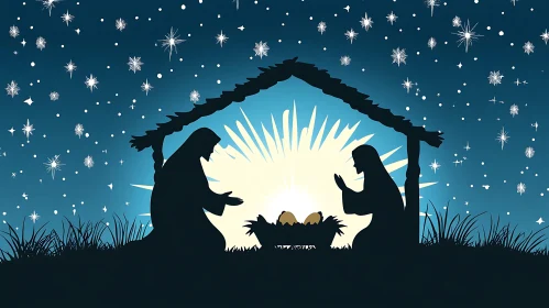 Holy Nativity Silhouette with Star-Filled Sky