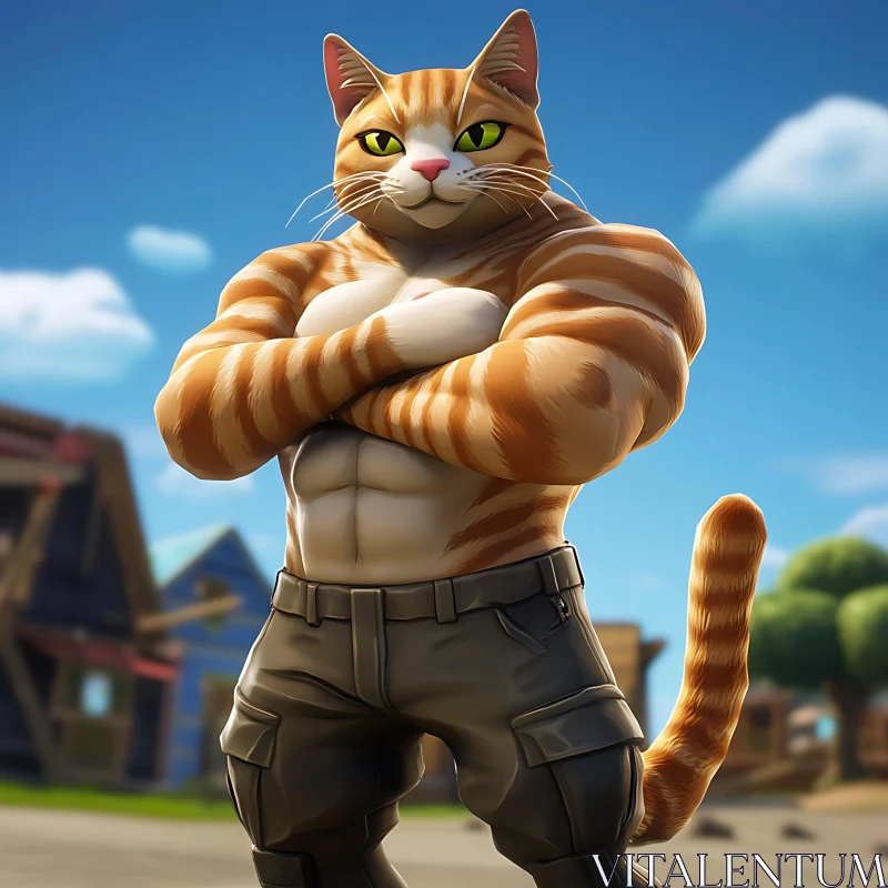 Strong Cartoon Cat in Cargo Pants AI Image