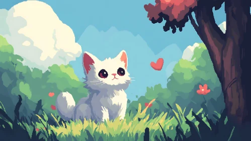 Charming White Kitten with a Red Heart in Nature