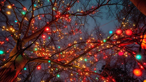 Tree with Festive Lights at Night