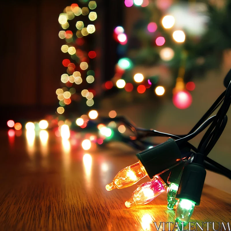 Colourful Holiday Christmas Lights on Wooden Surface AI Image