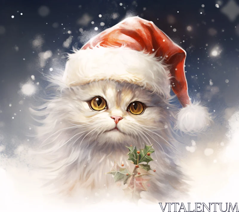 Festive Cat in Santa Hat with Holly AI Image