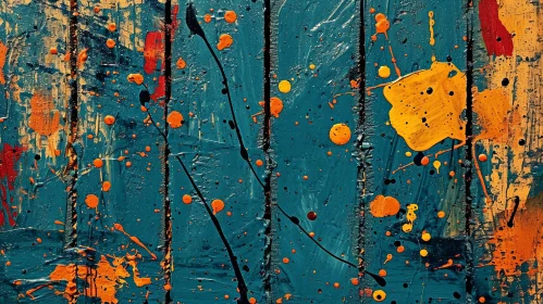 Blue Wooden Background with Vibrant Paint Splatters - Abstract Art