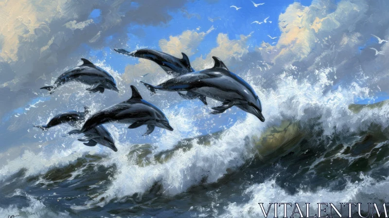 Captivating Painting of Dolphins Jumping Out of Water AI Image