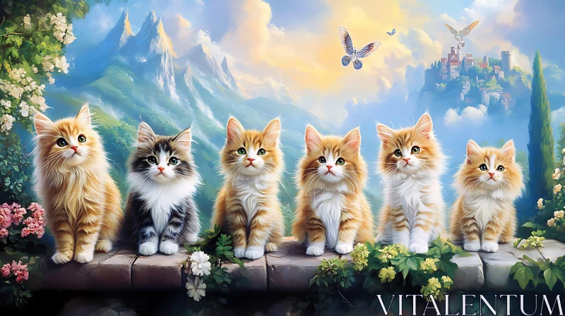 Kittens, Butterflies, and a Castle in Scenic Nature AI Image