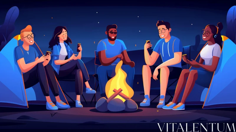 Friends Camping Night Scene with Smartphones AI Image
