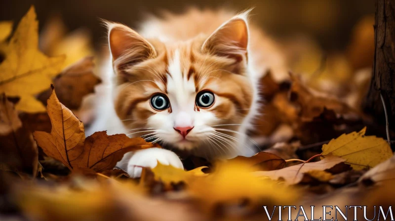 Ginger and White Kitten in Fallen Leaves AI Image
