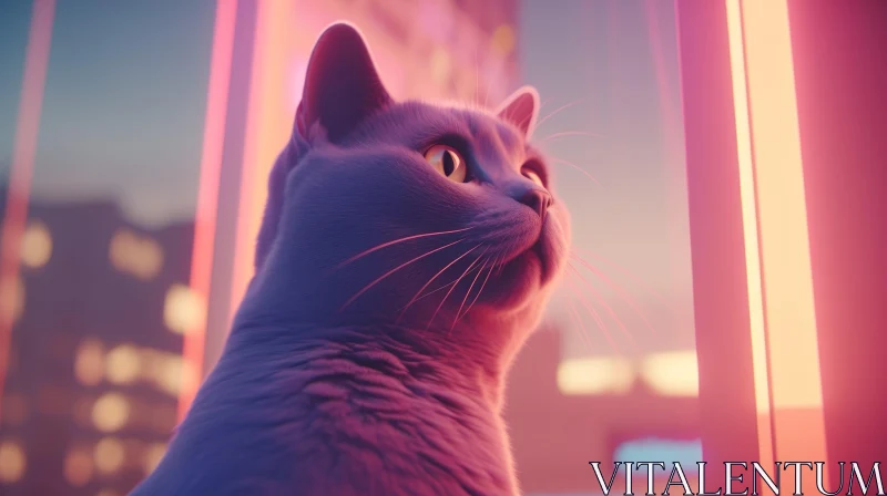 Majestic Cat by Window - City Lights Reflection AI Image