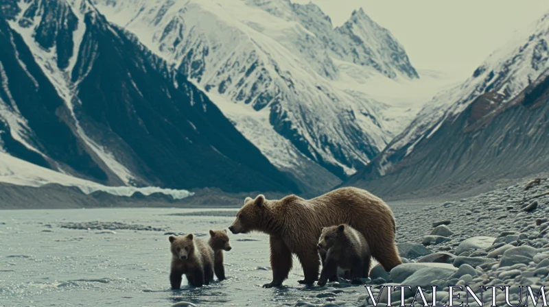 Majestic Grizzly Bear and Cubs in the Wilderness AI Image