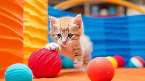 Playful Ginger Kitten with Red Yarn in Colorful Playpen