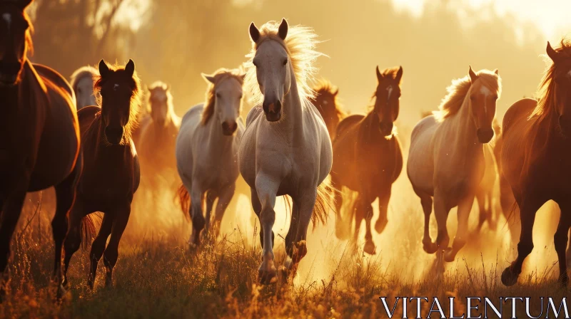 Running Horses at Sunset: Capturing the Beauty of Wild Freedom AI Image