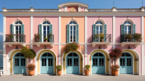 Scenic Three-Story Building with Pink Facade and Mountain View