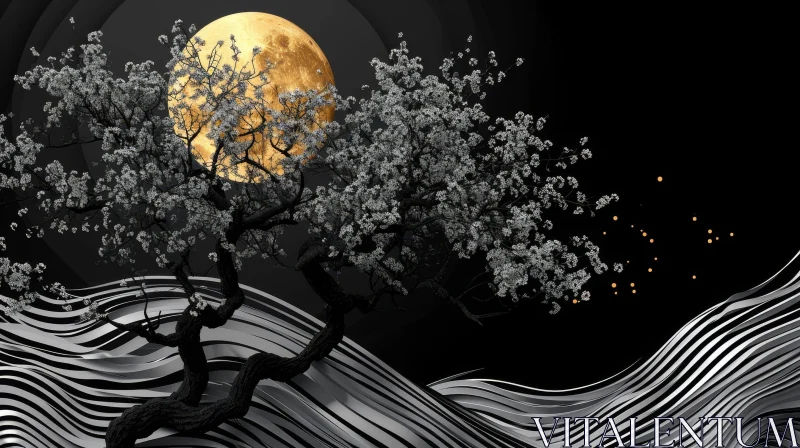 Serene Digital Painting of Tree with White Flowers AI Image