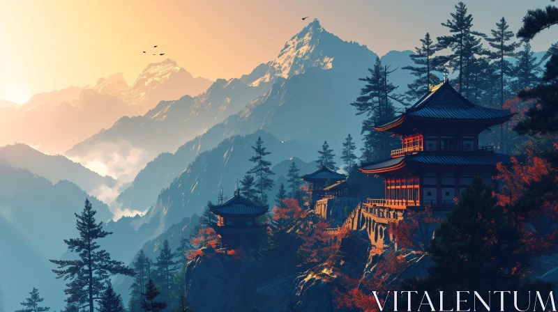 Serene Landscape Painting: Mountain Range with Temple and Lush Trees AI Image