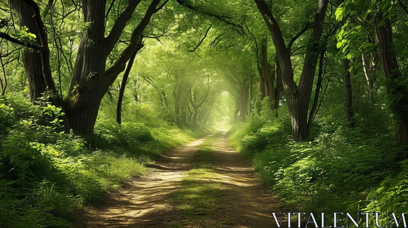 Serene Rural Road through a Lush Green Forest AI Image