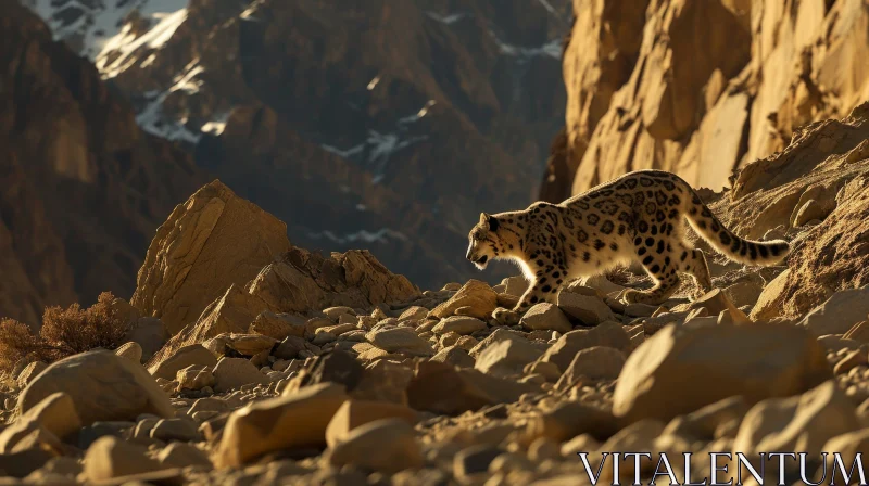 Snow Leopard Walking on Rocky Mountainside - Majestic Wildlife Photography AI Image