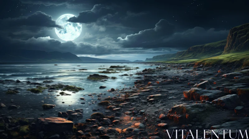Surrealistic Moonlit Landscape - A Fantasy Coastal Scene AI Image