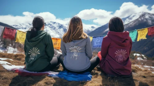 Three Women on Mountain with Prayer Flags - Organic Design Style