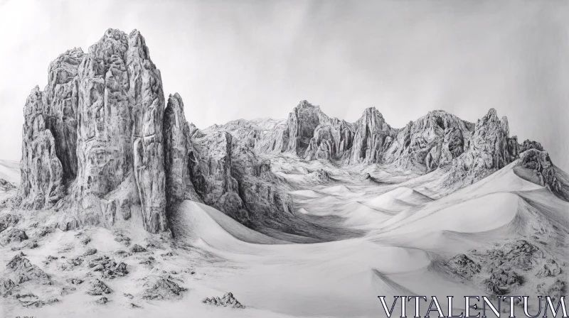 Mountainous Desert Landscape in Monochrome AI Image