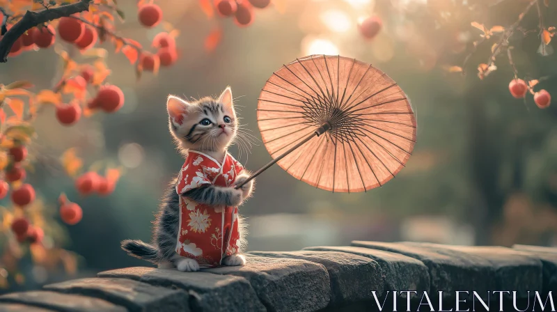 AI ART Cute Kitten in Traditional Dress Holding Umbrella